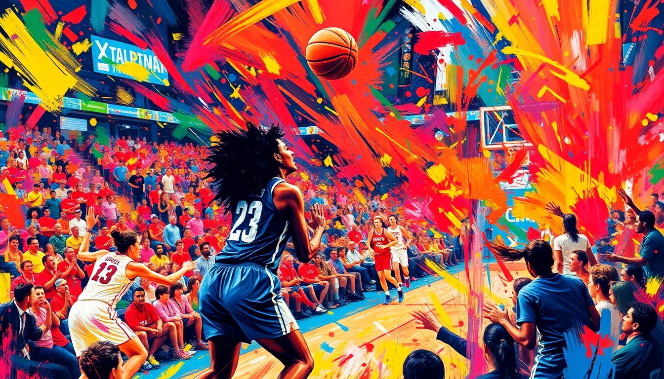 An abstract expressionist painting in vibrant neon colors, capturing the dynamic energy and movement of a women's NCAA Tournament basketball game, with the players and crowd dissolving into a blur of brushstrokes and splashes of paint.