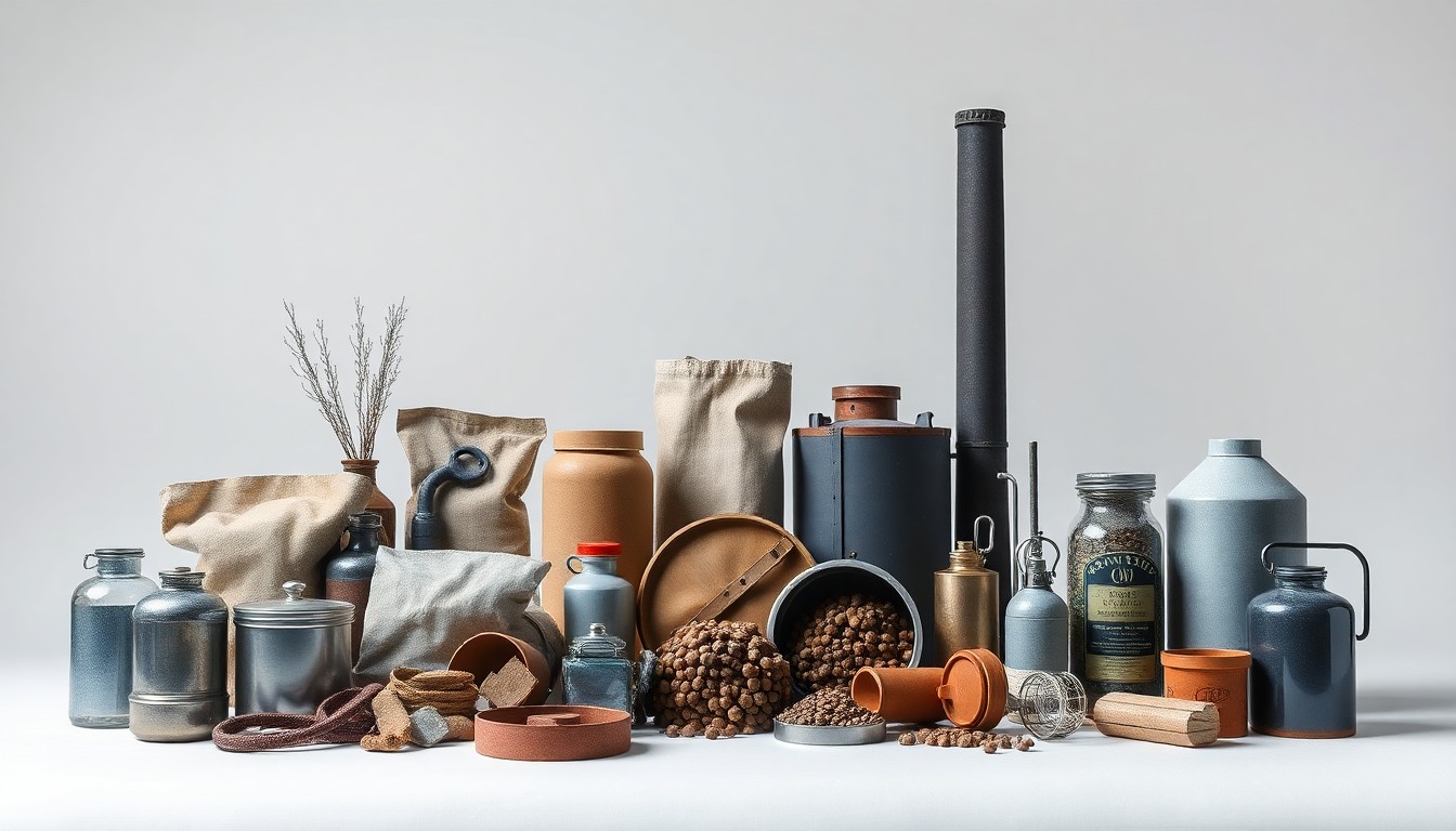 A high-end, photorealistic studio still-life featuring a collection of premium industrial materials and objects arranged elegantly on a clean, monochromatic background, conceptually representing the tension between economic interests and environmental concerns in this steel town.