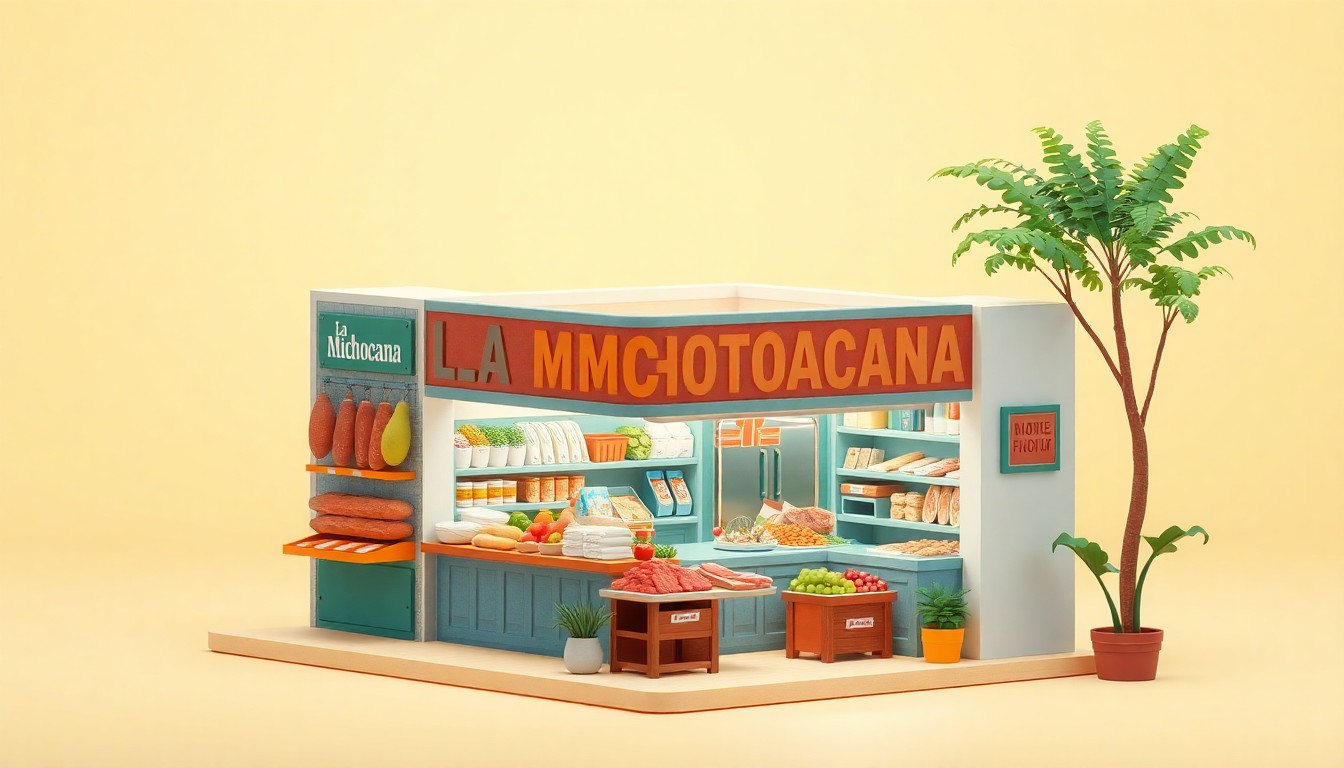 A detailed, isometric 3D illustration depicting the interior of a modern carniceria, with colorful displays of fresh meats, produce, and prepared foods, representing the diverse offerings and welcoming atmosphere of La Michoacana Meat Market.