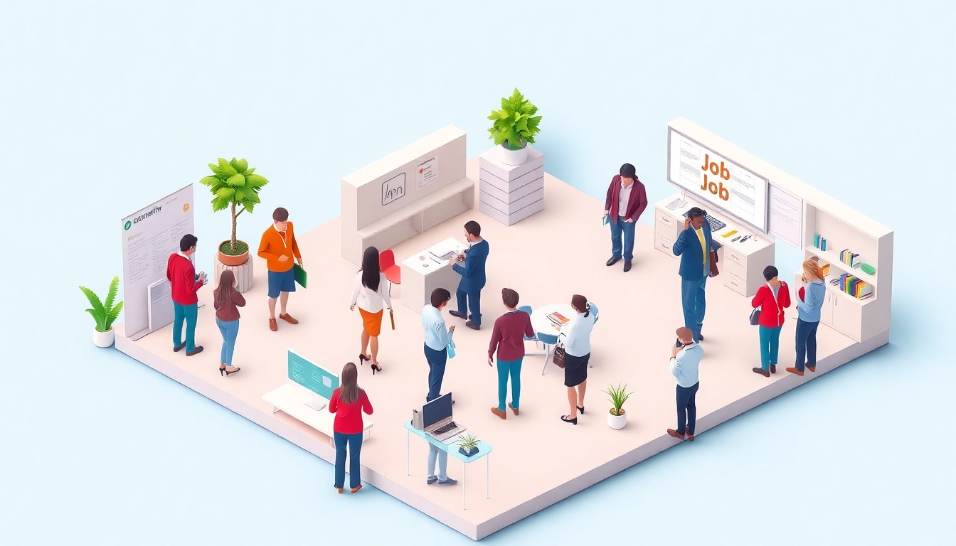 A clean, minimalist 3D illustration depicting a stylized job fair scene with various job seekers and employers interacting in a modern, pastel-colored workspace, representing the inclusive and empowering nature of the event.