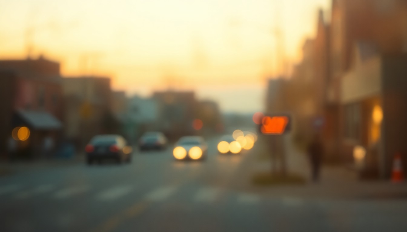 An extremely blurred, out-of-focus photograph of a dimly lit street in a small town, with warm pools of light and color creating a hazy, dreamlike atmosphere that evokes a sense of melancholy and loss.