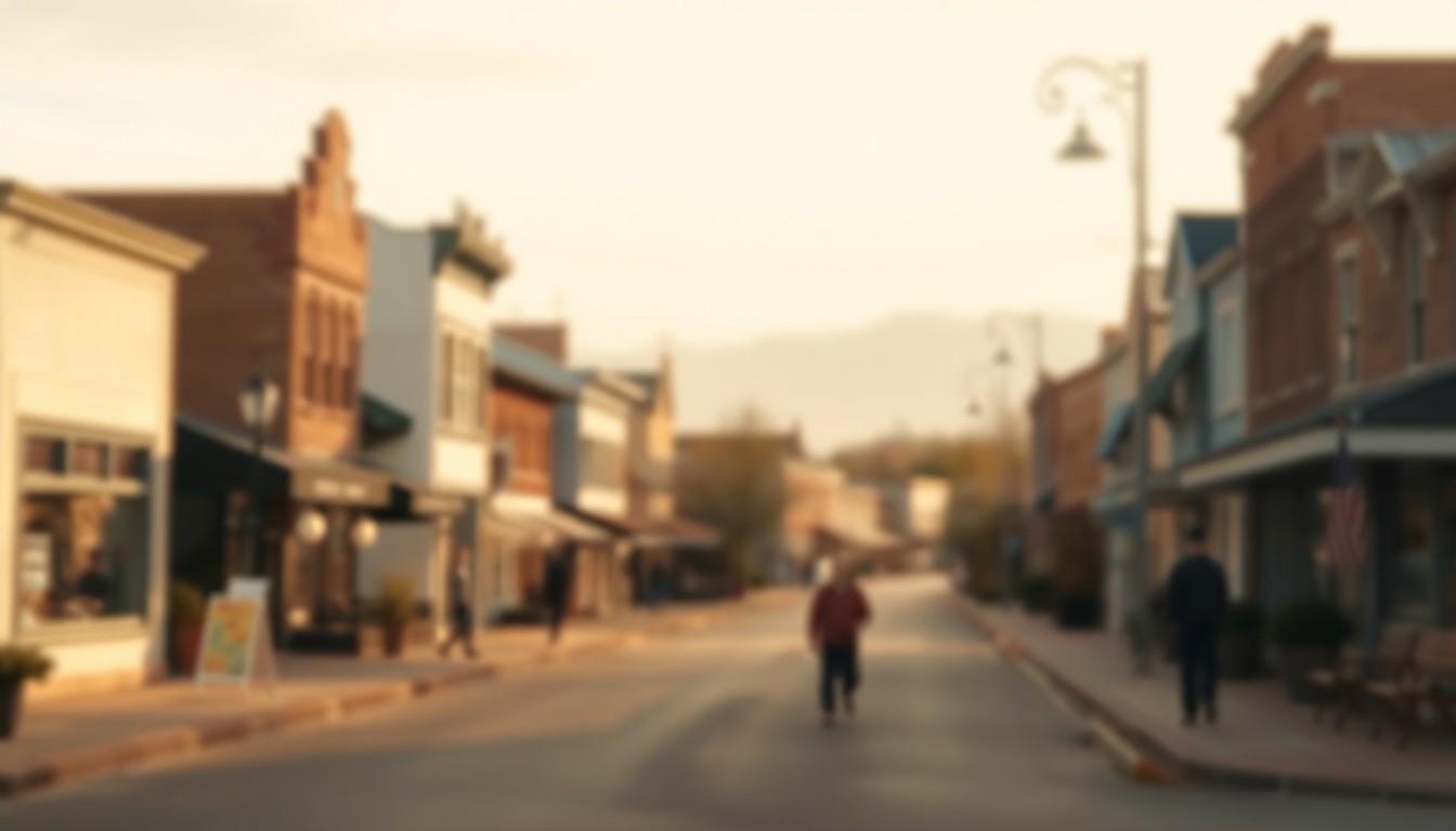 A hazy, impressionistic photograph in soft, earthy tones depicting the faint outlines of a small-town street scene, conveying a sense of nostalgia and the quiet passing of time in a local community.