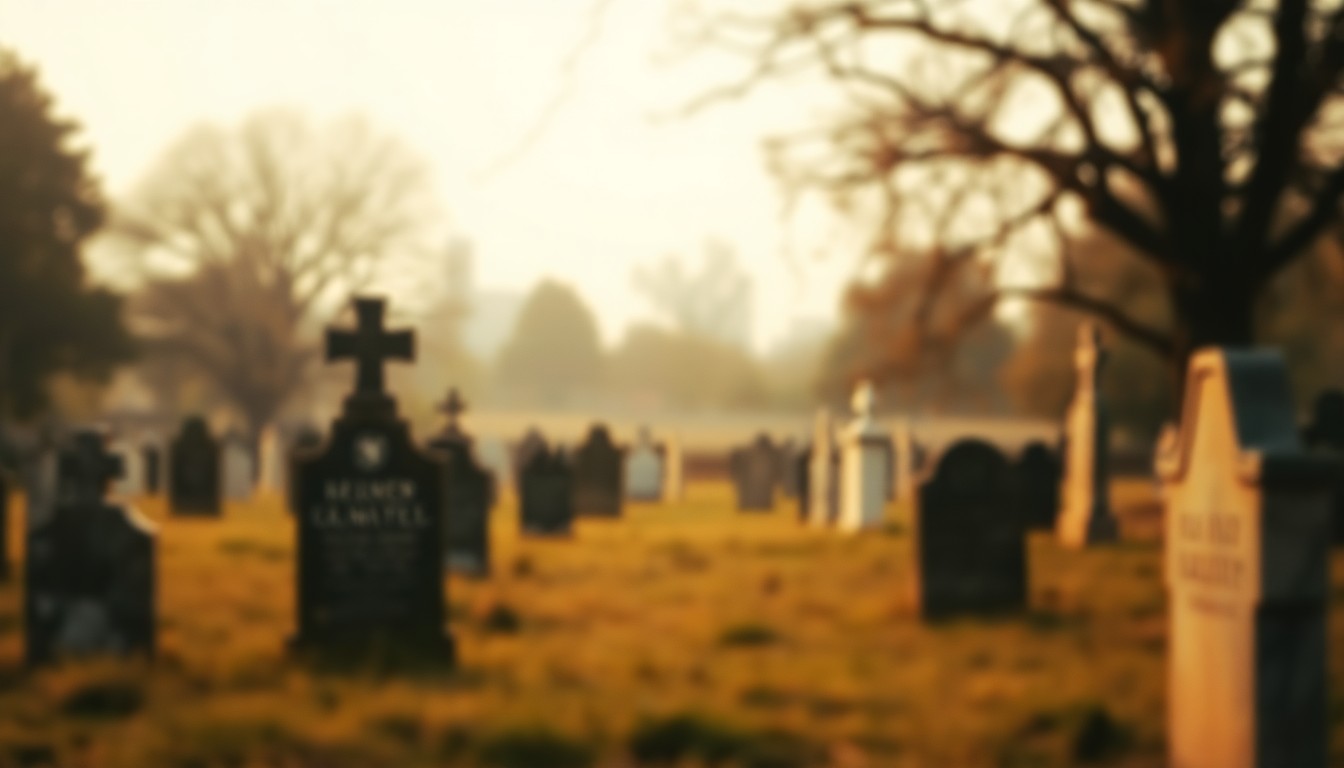 An abstract, impressionistic photograph of a rural cemetery landscape with blurred headstones and trees in soft, warm tones, conveying a sense of quiet reflection.