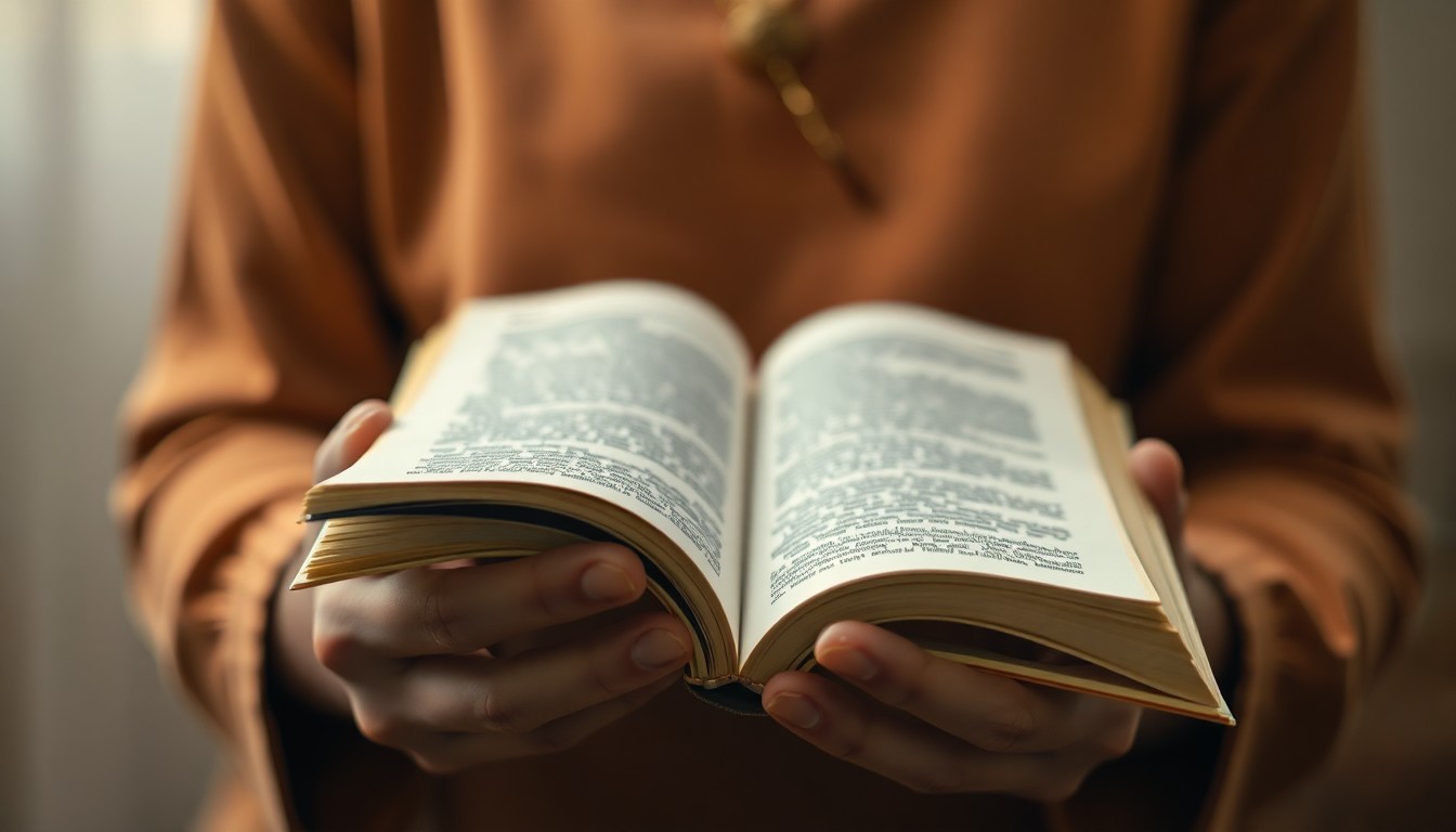 A soft, blurred photograph of a person's hands holding an open book, with the pages and cover edges slightly out of focus, conveying a sense of contemplation and introspection around spiritual growth.