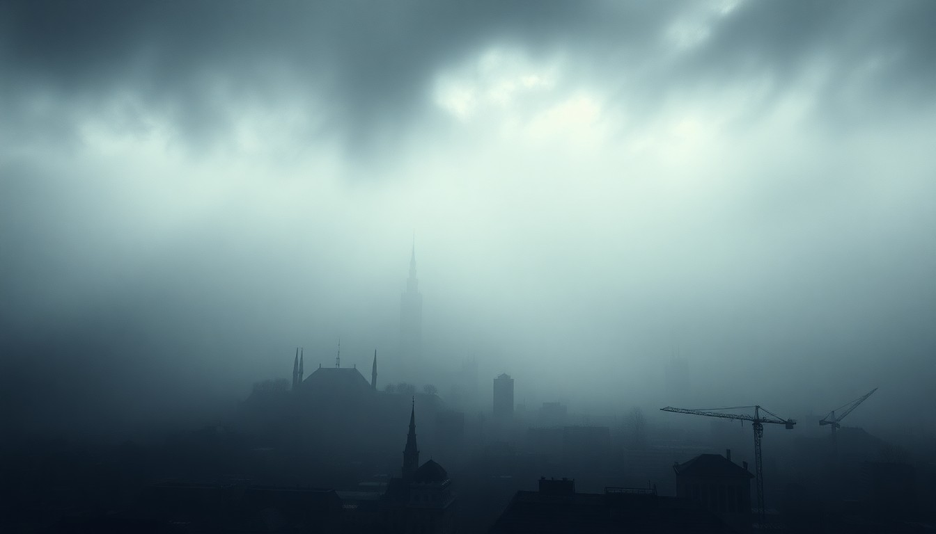 A sweeping, atmospheric landscape painting in muted tones, with the faint outlines of buildings and infrastructure barely visible through a thick, hazy fog, conveying the overwhelming power and unpredictability of the weather.