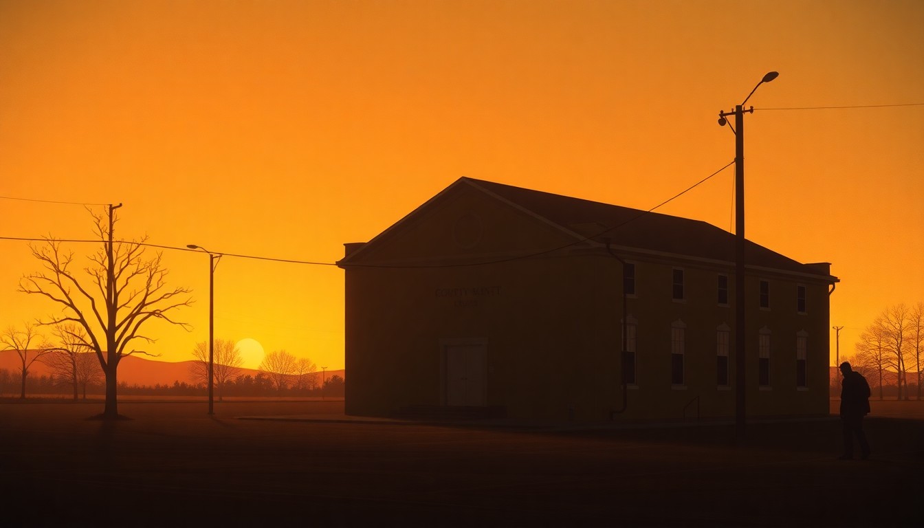 A serene, nostalgic painting of a rural county government building with warm lighting and deep shadows, conveying a sense of civic pride and deliberate decision-making.