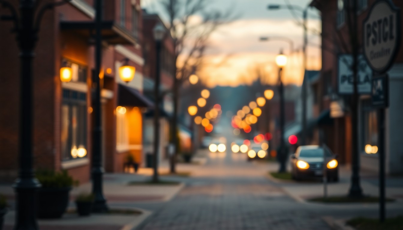 A soft, atmospheric photograph of a city street in Pella, Iowa, with blurred shapes of infrastructure elements like streetlights and paving stones, conveying a sense of tranquility and community.