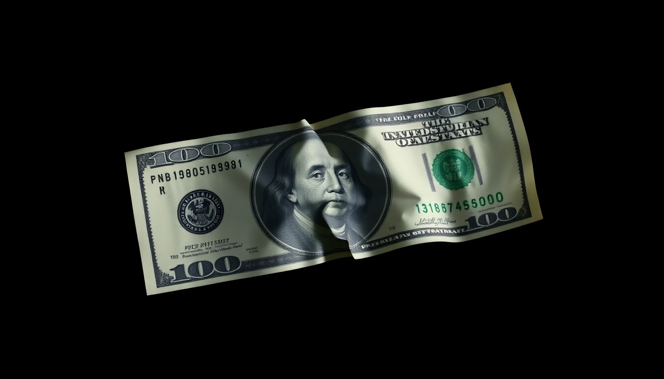 An extreme close-up photograph of a crumpled $100 bill, its texture and details dramatically illuminated by a harsh camera flash against a pitch-black background, conceptually representing the complexities of managing a large financial windfall.