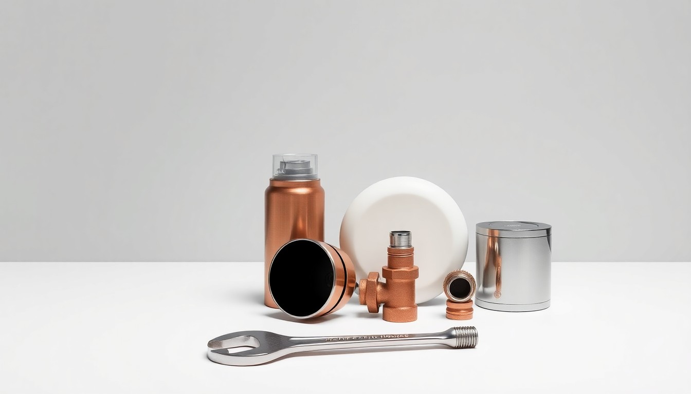 A high-end, photorealistic studio still life featuring a wrench, a thermostat, and copper plumbing fittings arranged elegantly on a clean, monochromatic background, conceptually representing the comprehensive home services offered by Haven.