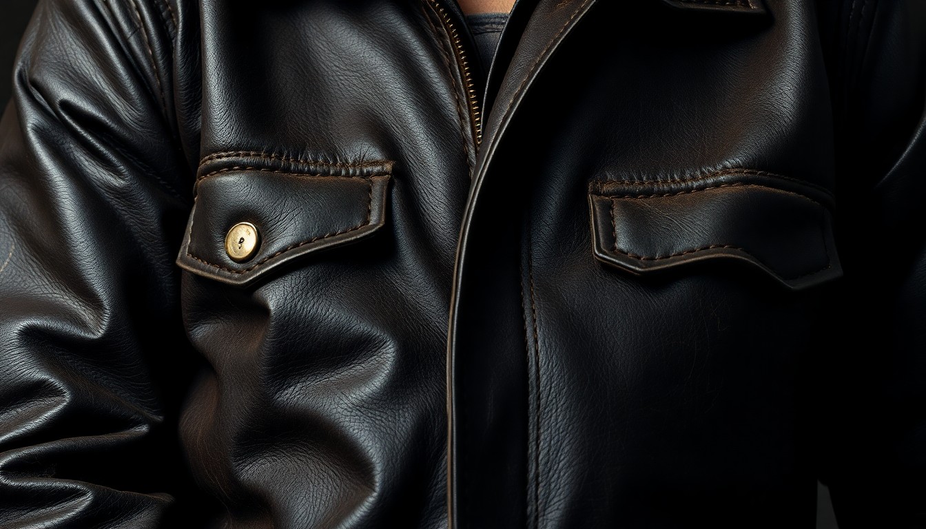 An extreme close-up of a worn, weathered leather jacket, the material's texture and lighting creating a dramatic, high-contrast glamour aesthetic.