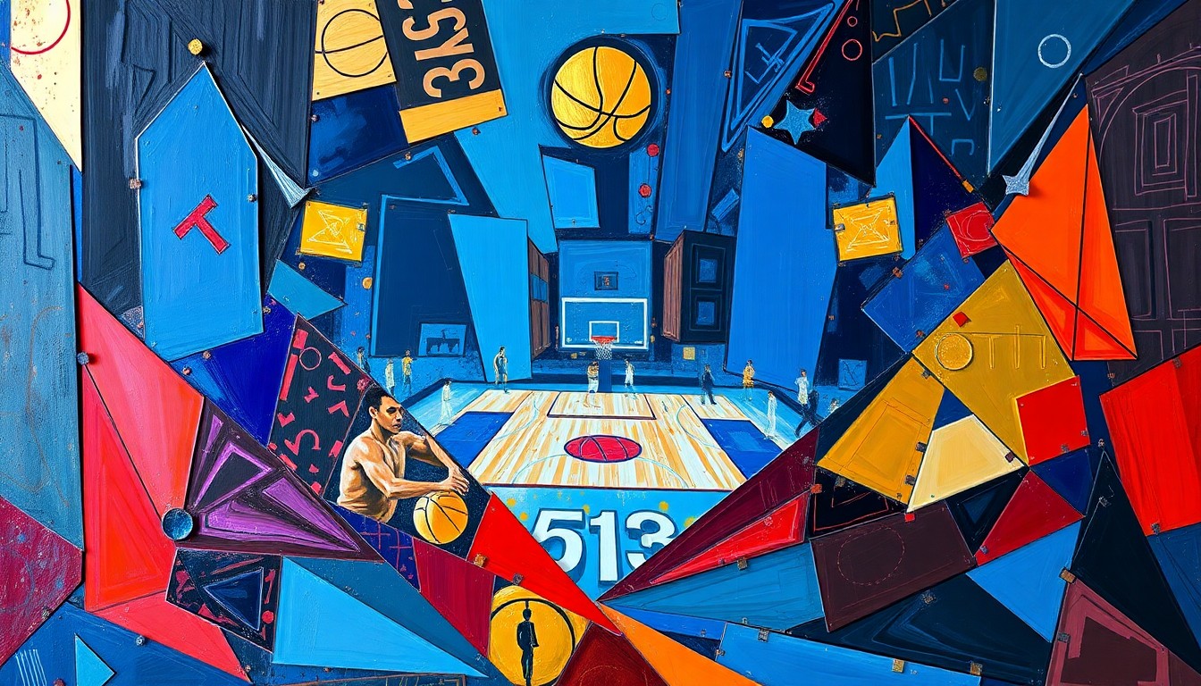 A cubist, geometric painting depicting a fragmented basketball game or match, with sharp, overlapping planes of deep blue, rich red, and metallic gold colors, conveying the stress and responsibility of professional sports team ownership.