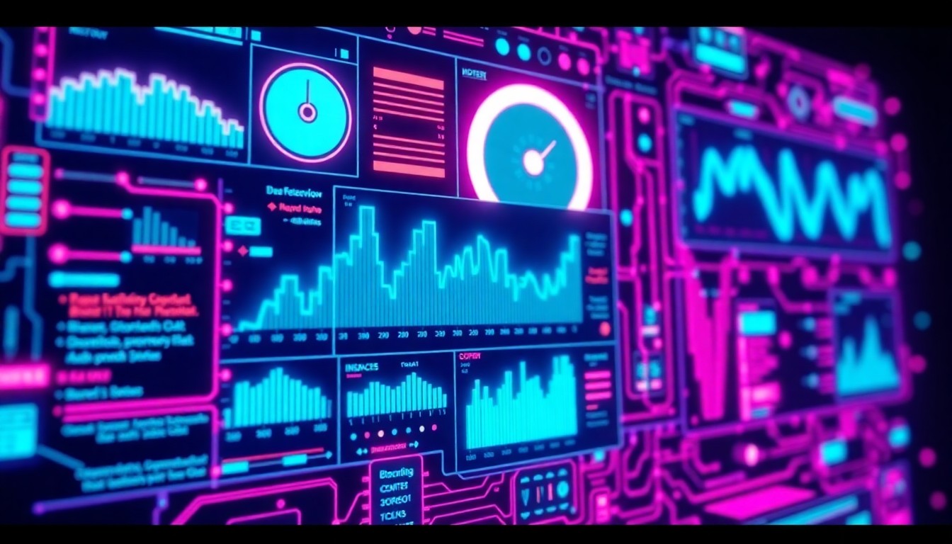 A highly detailed, glowing 3D illustration of a complex benefits data dashboard, with neon cyan and magenta lights illuminating the various data points and connections, conceptually representing the advanced technology powering Plansight's automated benefits data processing.