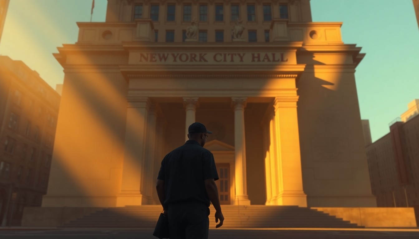 A photorealistic painting of a lone union worker standing in front of a grand, imposing New York City Hall building, the worker's figure cast in warm, golden light and deep shadows, conveying a sense of quiet determination and the weight of the political struggle at hand.