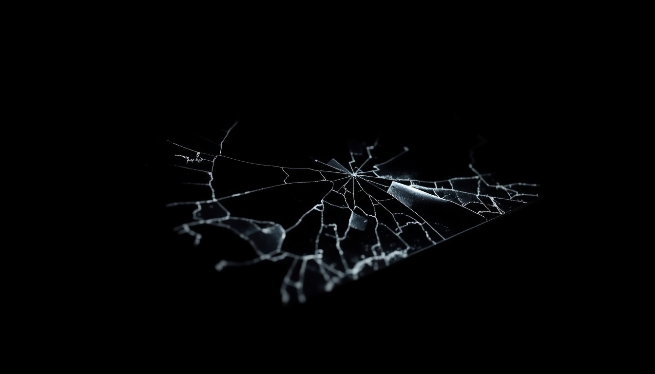 An extreme close-up of a cracked and shattered smartphone screen, lit by a harsh, direct camera flash against a pitch-black background, conceptually representing the digital evidence used to expose a teacher's crimes against students.