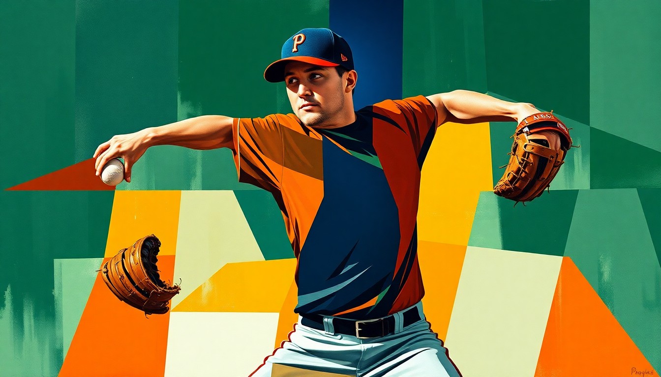 A fractured, multi-perspective painting depicting the motion of a baseball pitcher's windup and delivery, broken down into sharp, overlapping geometric shapes in a palette of navy, forest green, and burnt orange, conceptually representing the Brewers' long-term strategy of developing and retaining top young talent.