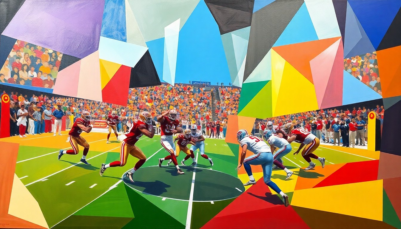 A cubist, geometric painting depicting a 49ers football game, with players and the field abstracted into colorful, angular shapes that capture the intensity and movement of the sport.