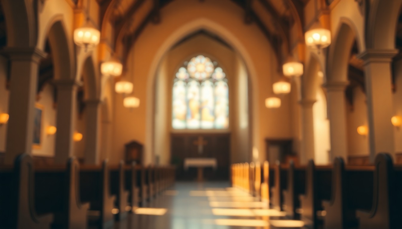 An extremely abstracted, out-of-focus photograph of a church interior with soft pools of warm light, conceptually representing the faith and community that defined Mary Ellen Webster's life.