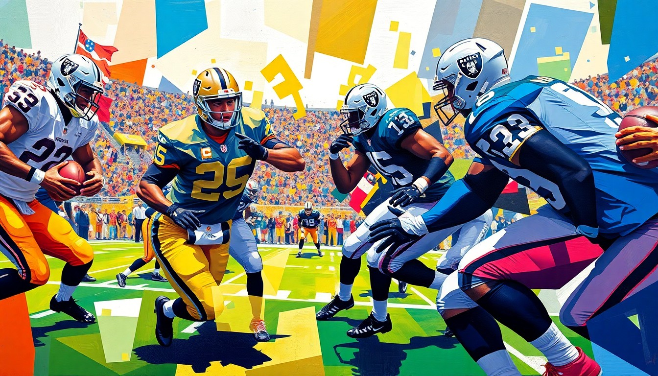 A cubist, geometric painting depicting the dynamic action of a football game, with sharp, overlapping planes of color representing the players and energy of the sport.