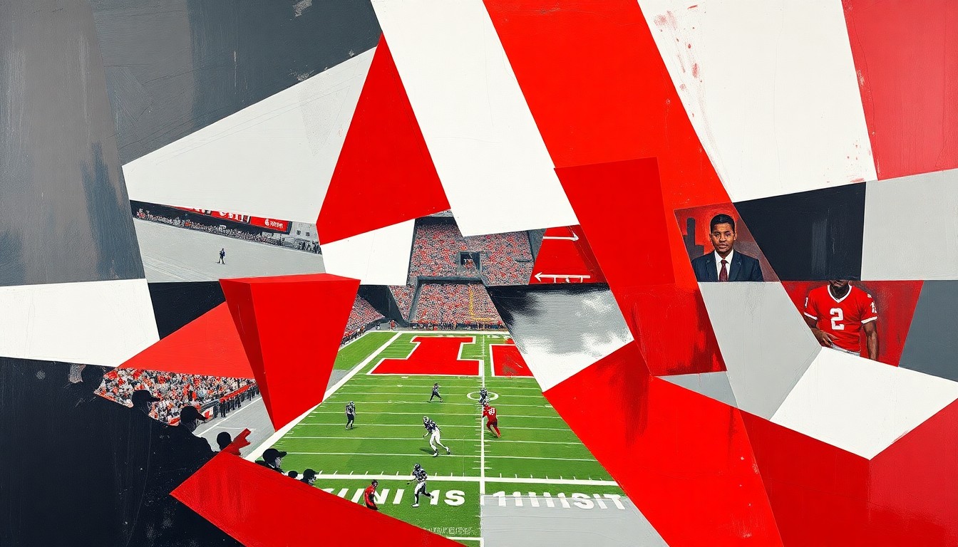 A cubist, geometric painting depicting the action of a football game, with players and the ball broken down into overlapping angular shapes in shades of red, gray, and white.
