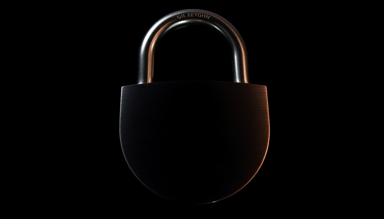 An extreme close-up of a shiny metal padlock against a pitch-black background, conceptually representing the high-stakes, gritty nature of armored truck robberies.
