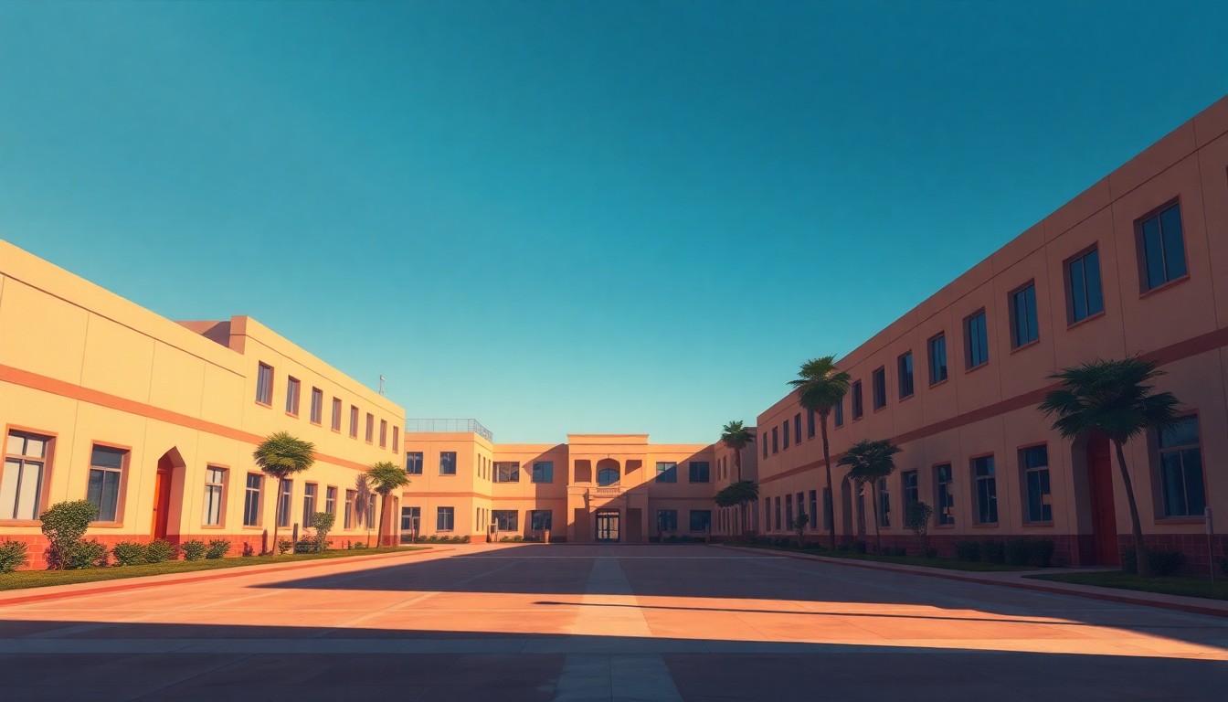 A serene, cinematic painting of a solitary university building in the Gulf region, with warm sunlight casting long shadows across the facade and surrounding landscape, conveying a sense of quiet unease and vulnerability.
