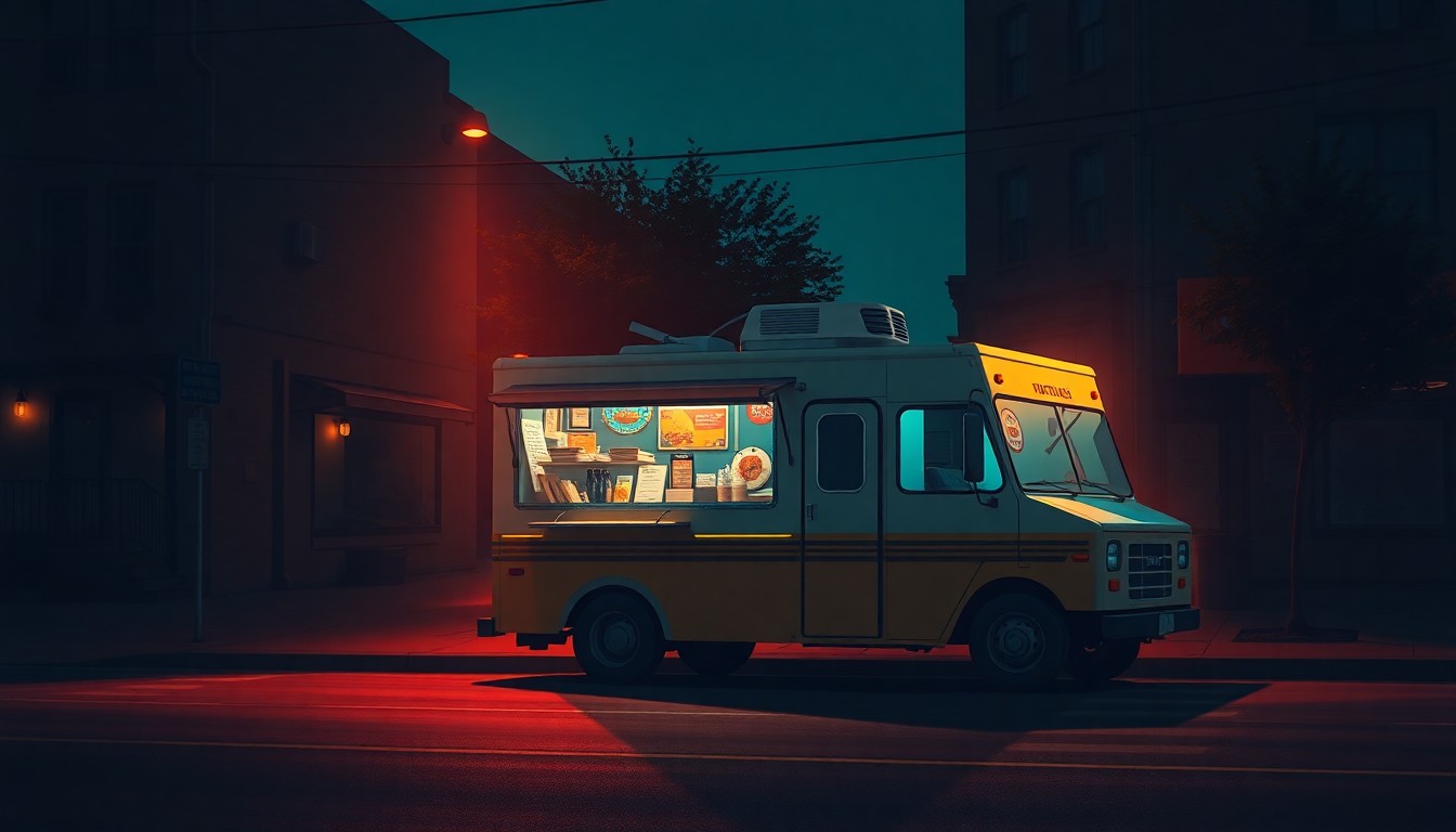 A photorealistic painting of a solitary taco truck parked on a quiet urban street, the truck's bright colors and textures contrasting with the warm, moody lighting and deep shadows surrounding it, creating a sense of nostalgic melancholy.