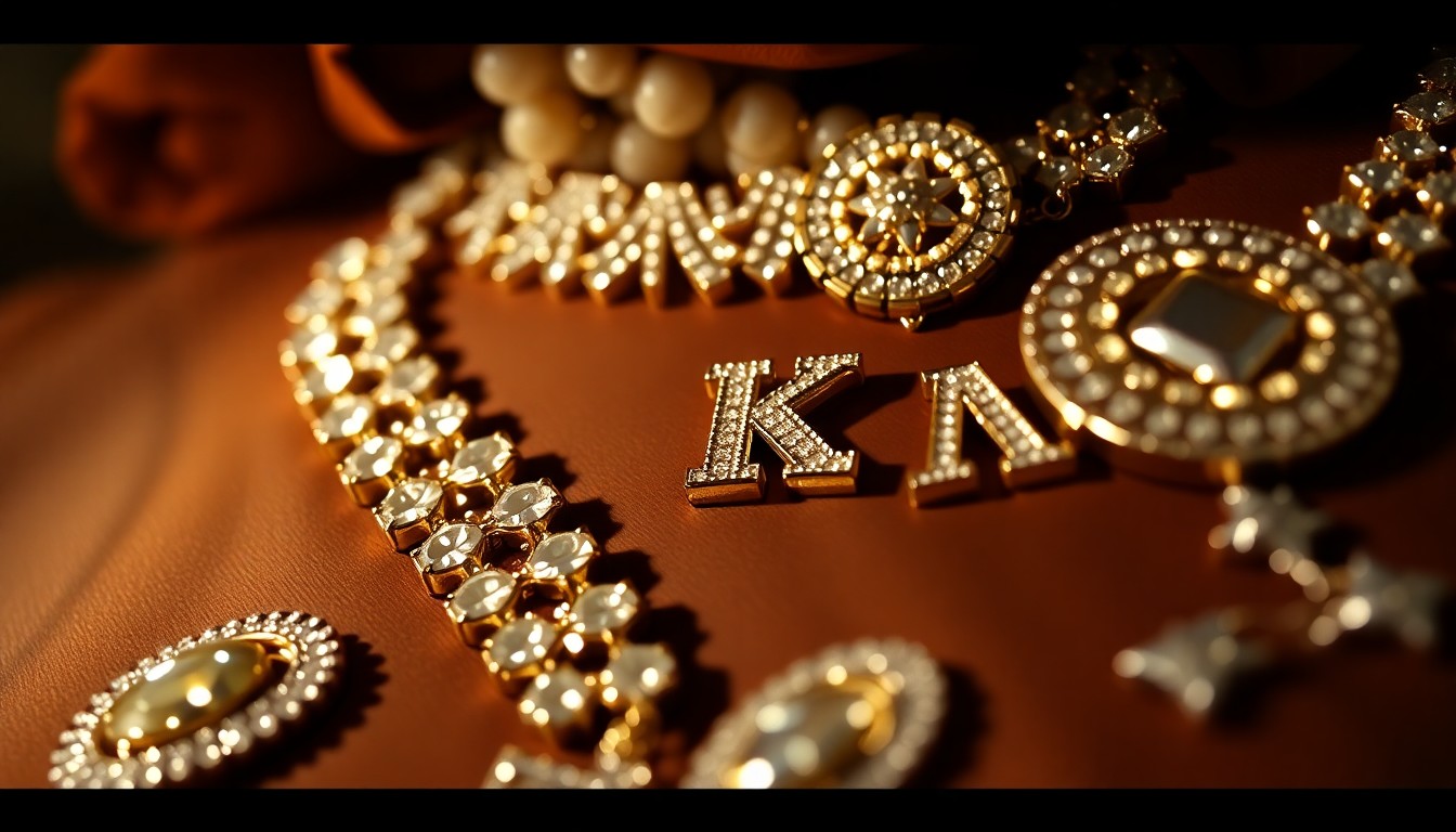An abstract macro photograph featuring a cluster of shiny sorority pins and jewelry, capturing the glamour and significance of a new member joining a historic Black Greek-letter organization.