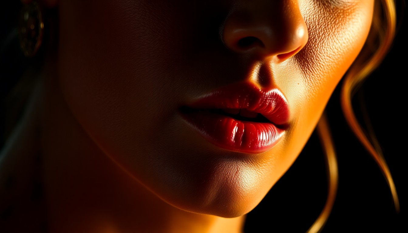 An extreme close-up photograph of LeAnn Rimes' jaw and neck area, captured in dramatic high-contrast studio lighting to reveal the intricate textures of her skin and underlying musculature. The image conveys a sense of tension and release, with a glowing, high-fashion aesthetic.