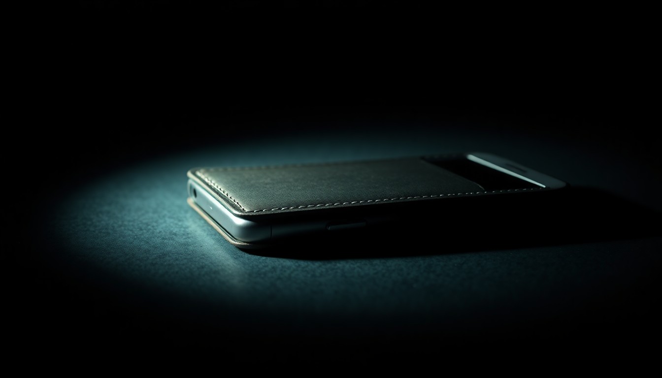 An extreme close-up photograph of a water-damaged personal item, such as a wallet or cell phone, lit by a harsh, direct camera flash against a pitch-black background, creating a stark, gritty, investigative aesthetic.
