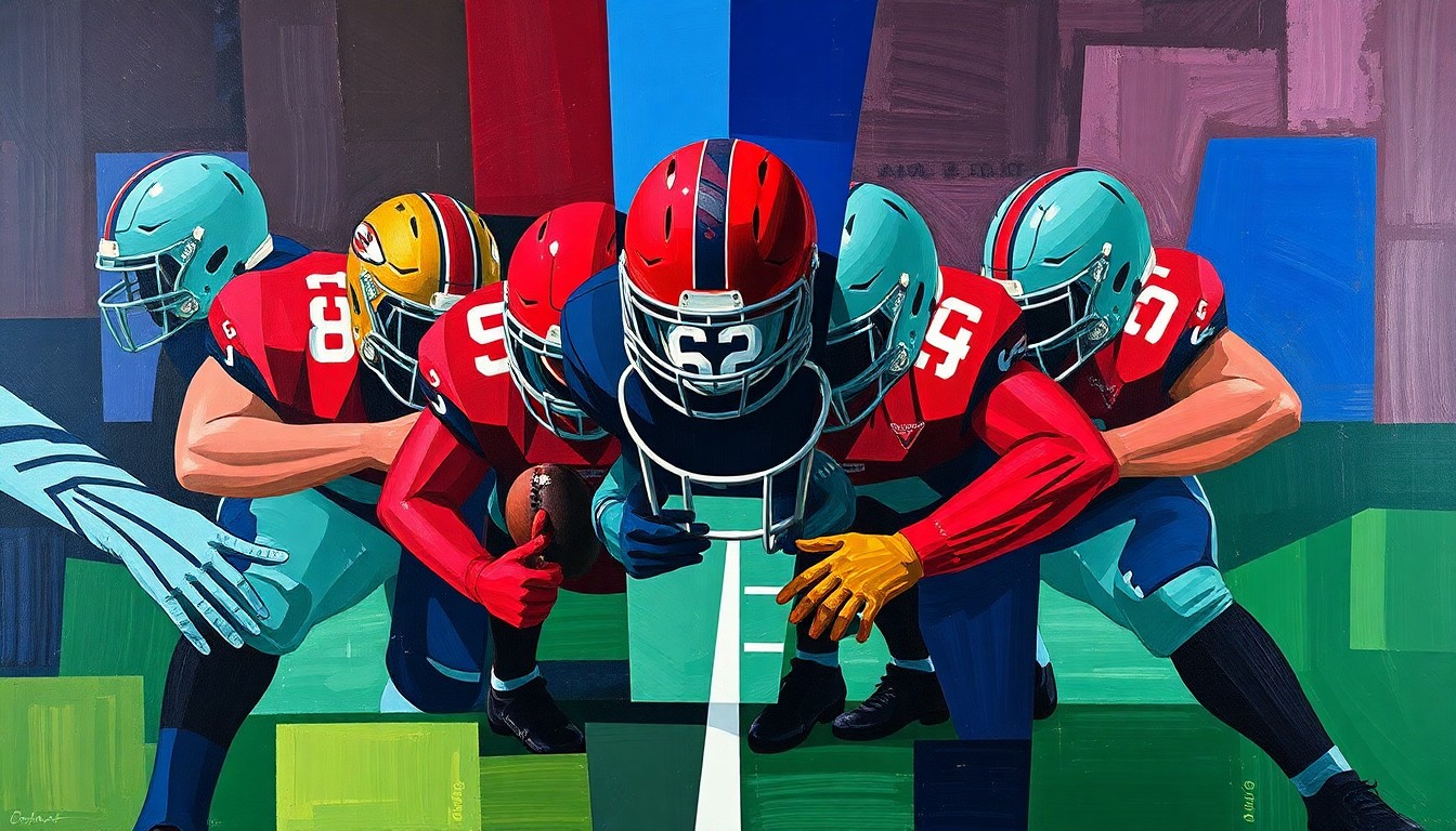 A fragmented, geometric painting depicting an offensive line, with sharp planes of navy, crimson, and green representing the intense competition to land the state's top recruit.