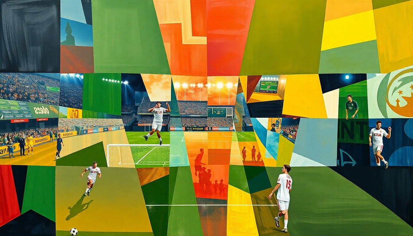 A cubist, geometric painting depicting a fragmented soccer match, with overlapping shapes and planes representing the dynamic action on the field.