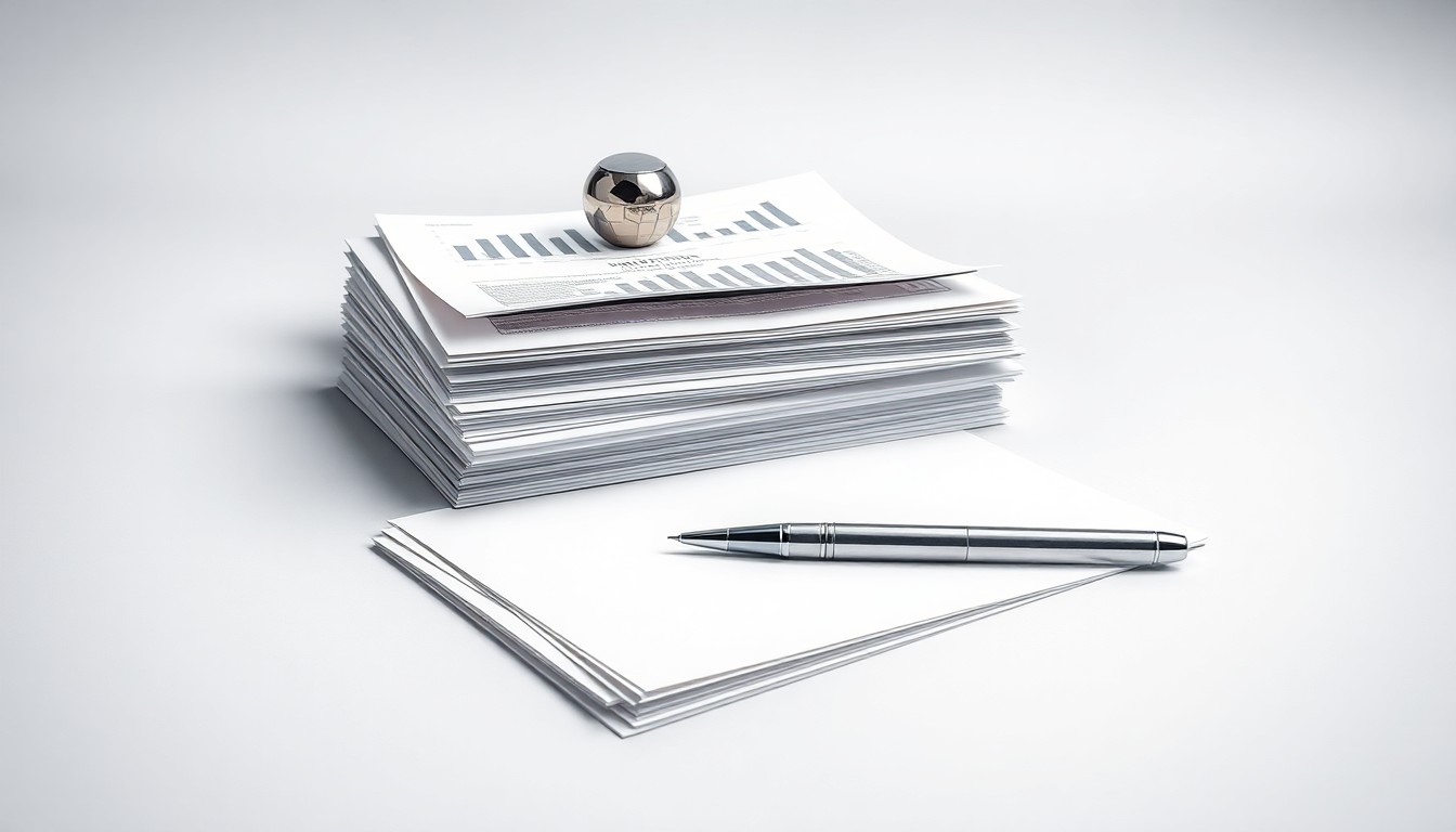 A minimalist studio still-life photograph featuring a stack of financial documents, a metal paperweight, and a modern pen, symbolizing the abstract concepts of corporate strategy and market performance.