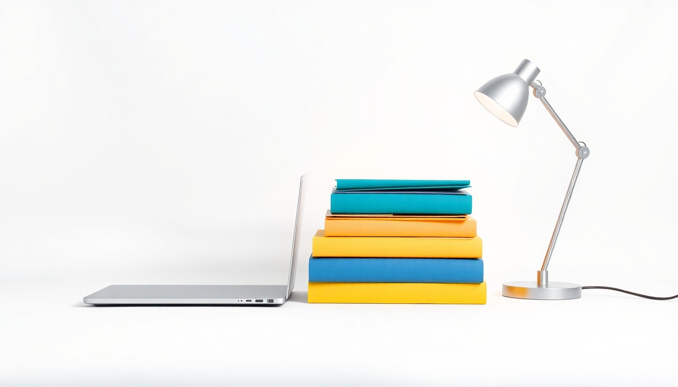 A photorealistic studio still life featuring a sleek laptop, colorful folders, and a modern desk lamp arranged on a clean white background, symbolizing the integration of traditional and cloud-based technologies in a hybrid IT managed services solution.