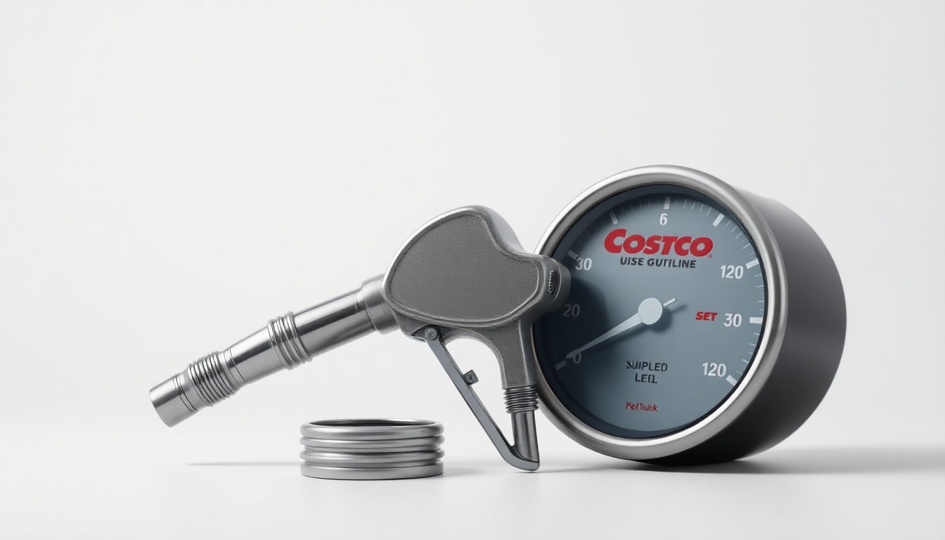 A high-end, photorealistic studio still-life photograph featuring a polished, chrome gas pump nozzle and fuel gauge against a clean, monochromatic background, conceptually representing the premium quality and cost-saving benefits of Costco's discounted gasoline.