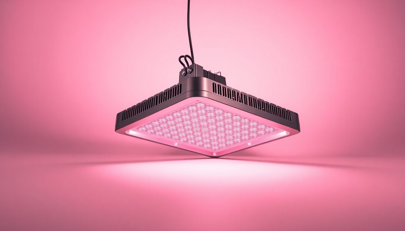 A photorealistic studio still life of a metallic hydroponics grow light fixture resting on a clean, monochromatic background, conveying the abstract concepts of corporate strategy and market risk in the cannabis industry through dramatic lighting and shadows.