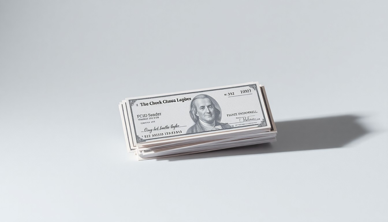 A photorealistic studio still life featuring a stack of freshly printed checks in various denominations, arranged in an elegant, geometric composition using dramatic lighting and shadows to symbolize the unclaimed funds the Pennsylvania Treasury is working to return to their owners.