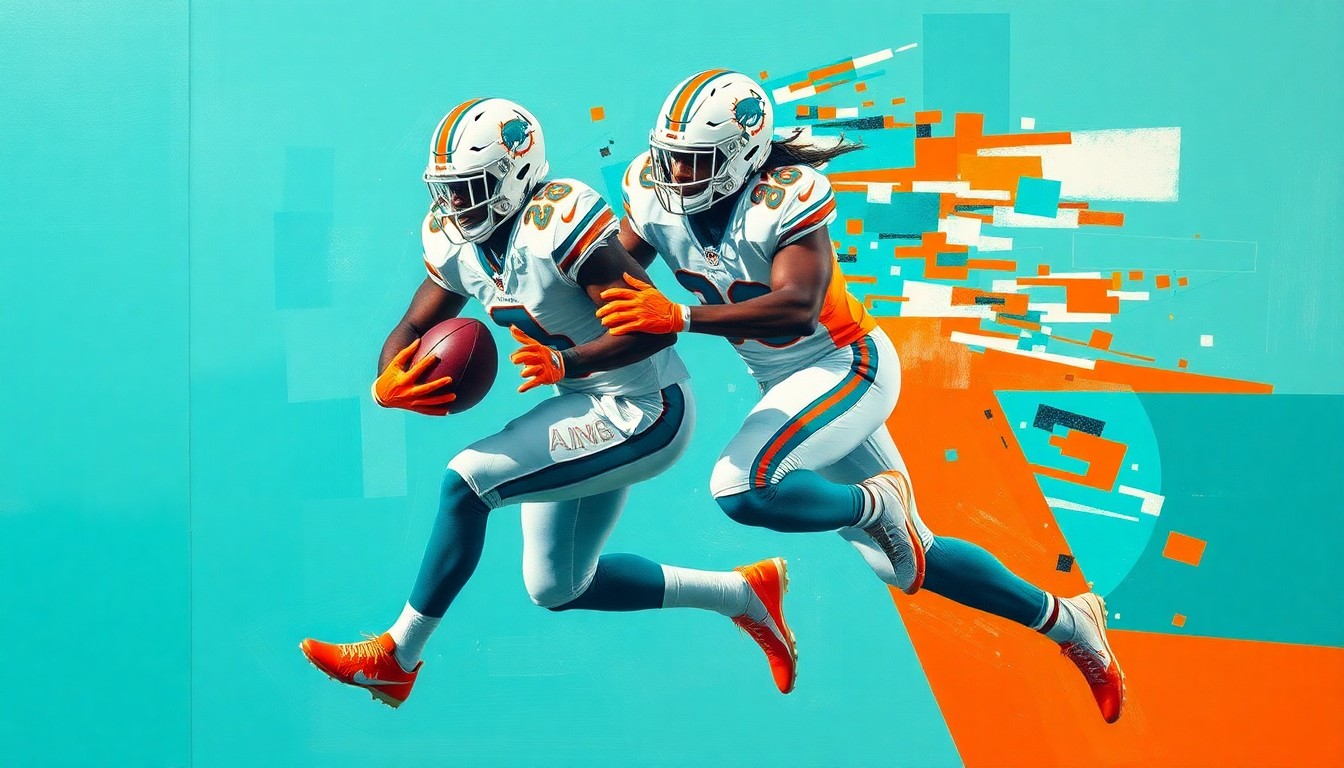 A fragmented, geometric painting depicting a Miami Dolphins running play, with sharp planes of aqua, orange, and white capturing the dynamic movement and energy of the running back.