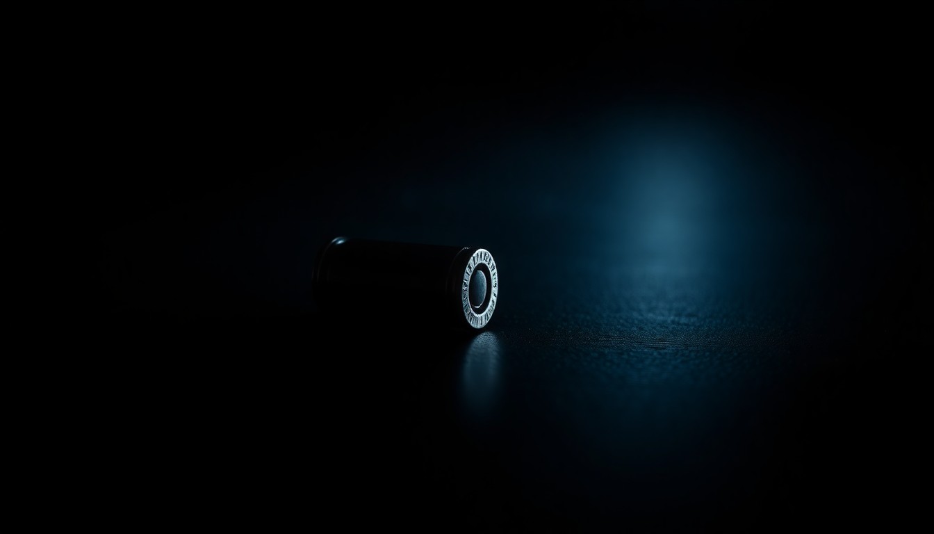 An extreme close-up photograph of a single spent bullet casing on a dark surface, lit by a harsh, direct camera flash, conceptually representing the aftermath of a school shooting incident.