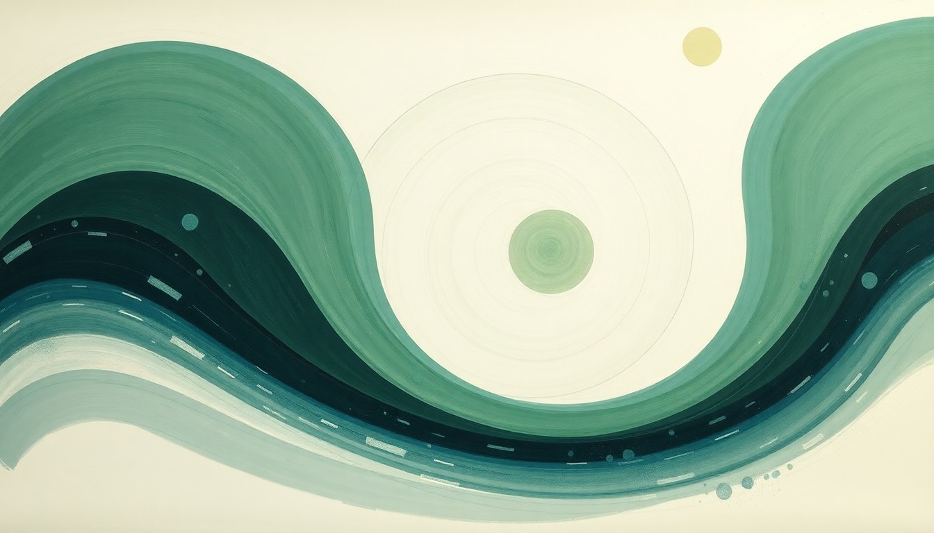 A highly structured abstract painting in muted tones of green, blue, and gray, featuring sweeping geometric arcs, concentric circles, and precise botanical spirals, conceptually representing the complex scientific forces and sustainable engineering behind a nuclear-powered desalination system.