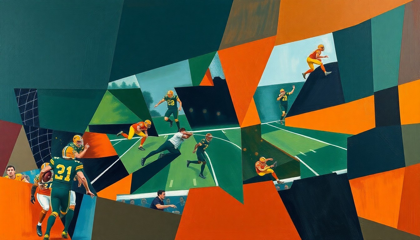 A cubist, geometric painting depicting a fragmented football game, with sharp planes of navy, green, and orange overlapping to create a sense of motion and chaos on the field.