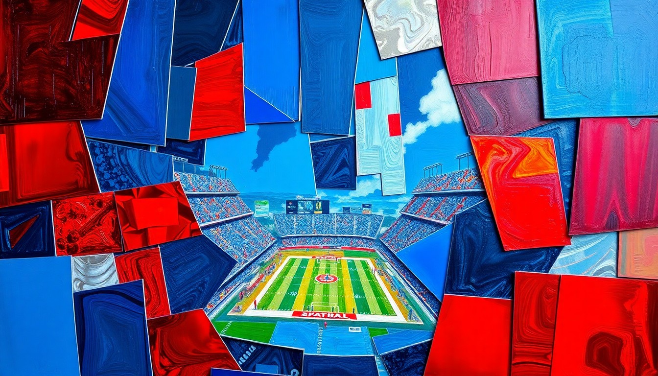A fractured, multi-perspective painting featuring sharp, overlapping geometric planes in vibrant blues, reds, and silvers, conceptually representing the energy and excitement of a Super Bowl game in Las Vegas.