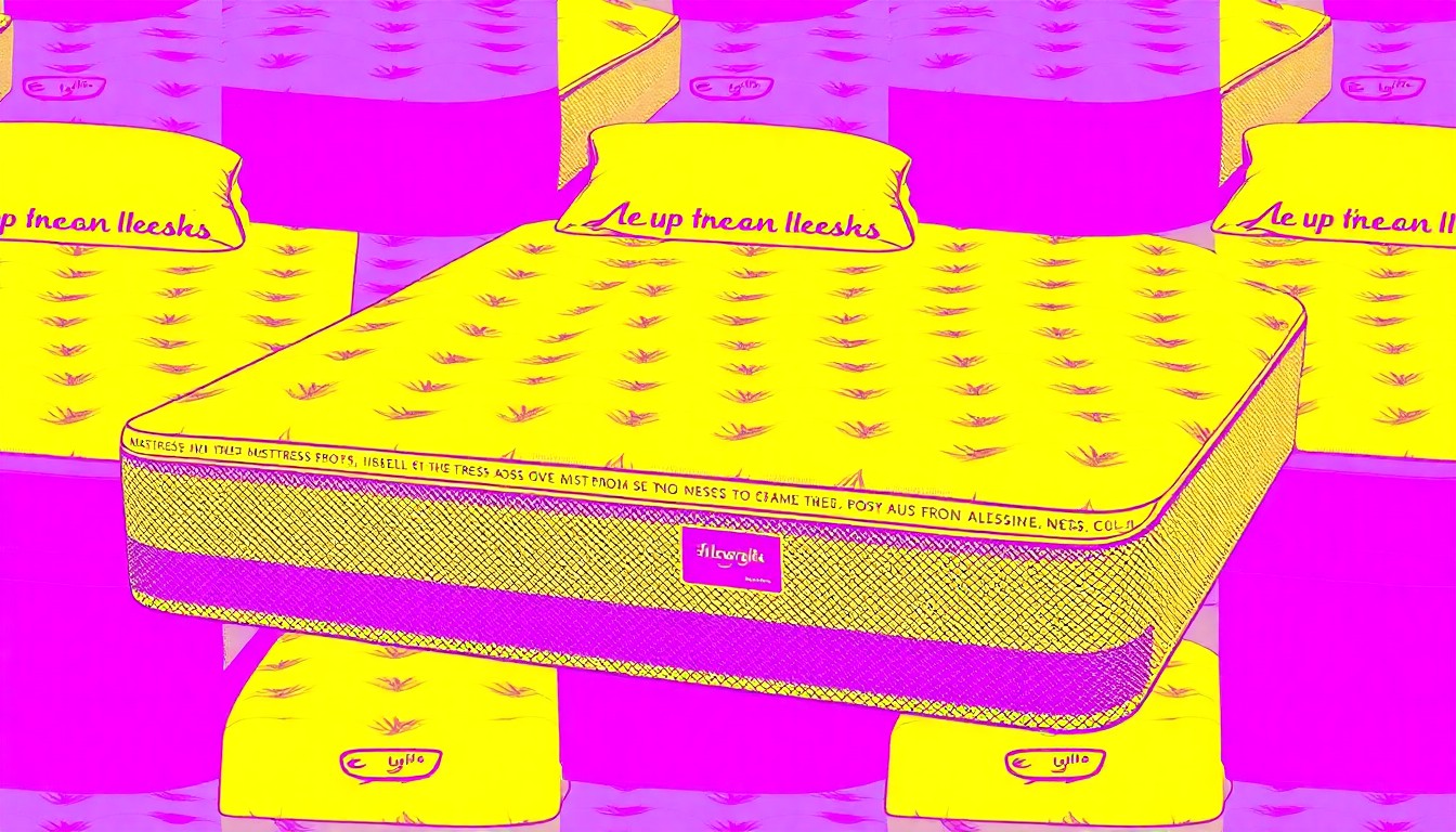 A brightly colored, high-contrast silkscreen print of a single, iconic mattress object repeated in a tight grid pattern, utilizing flat, vibrant, and unnatural neon color palettes overlapping with heavy black photographic outlines to turn the everyday consumer item into modern pop art.