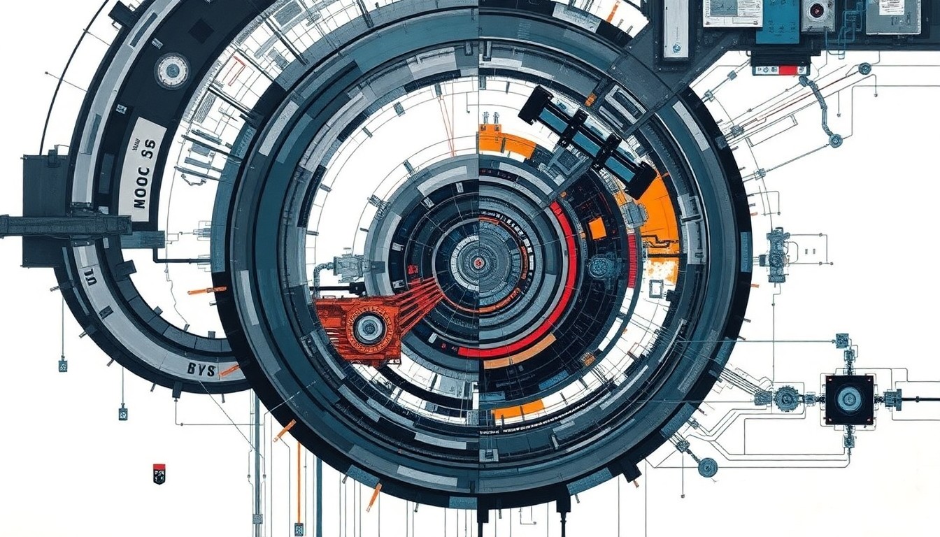 A highly structured abstract painting in metallic grays, electric blues, and fiery oranges, depicting the complex integration of robotic systems, sensors, and programmable logic controllers in a precise, technological composition reminiscent of a scientific diagram.