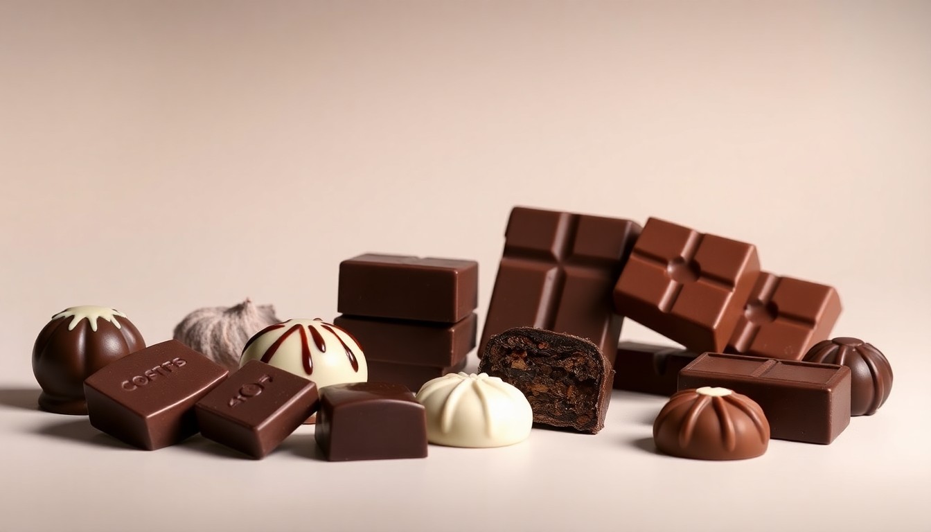 A high-end, photorealistic studio still-life photograph featuring a selection of premium chocolate bonbons and bars from Chocolate Maya, arranged elegantly on a clean, monochromatic background with dramatic studio lighting to symbolize the craftsmanship and attention to detail that has made the shop a beloved Santa Barbara institution.