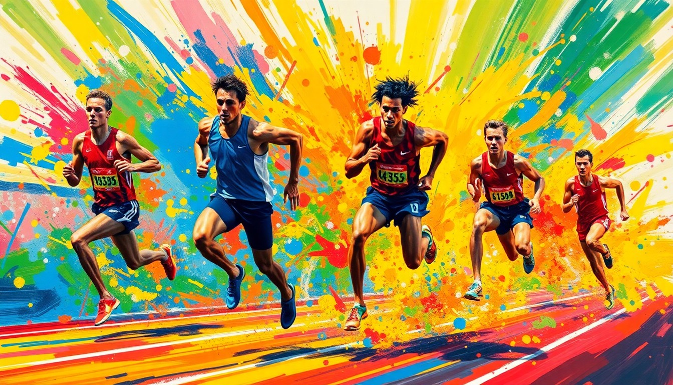 An abstract, expressionist painting in vibrant neon colors, capturing the dynamic movement and energy of a track and field event through rapid, dissolving brushstrokes.
