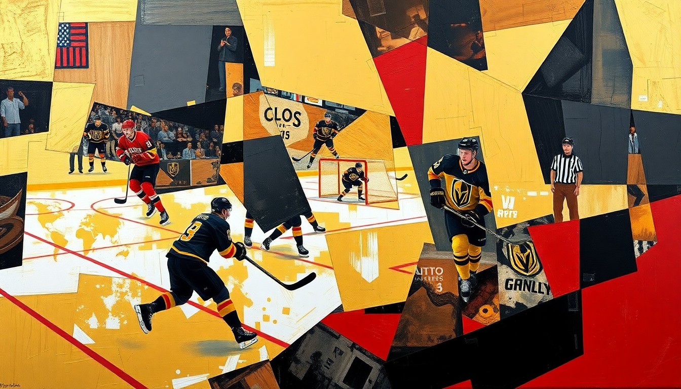 A fractured, multi-perspective painting in bold colors depicting a hockey game, with sharp geometric planes and shapes representing the high-intensity, strategic nature of Tortorella's coaching approach.