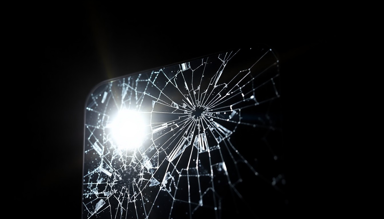 An extreme close-up photograph of a cracked and shattered mobile phone screen, lit by a harsh, direct camera flash against a pitch-black background, conceptually representing the fragility and volatility of digital evidence in a criminal case.