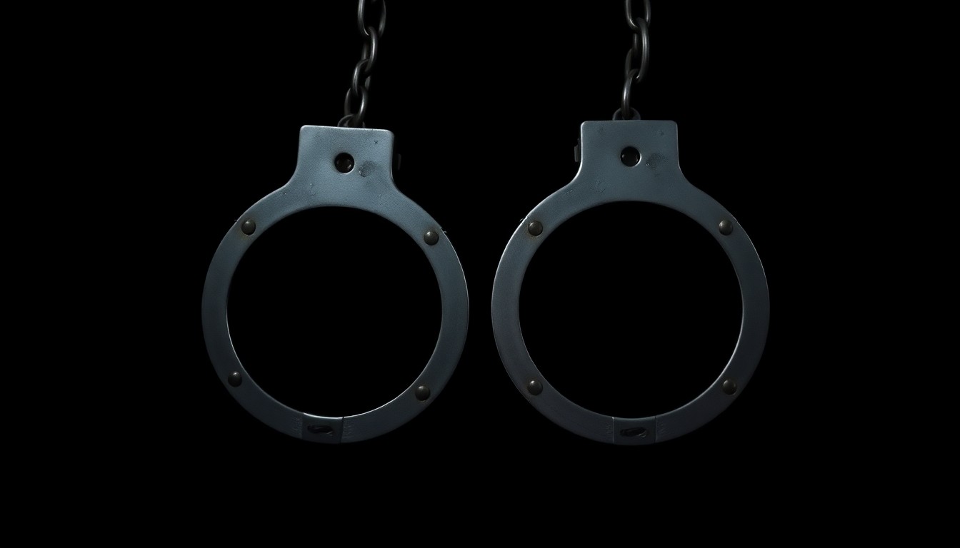 An extreme close-up photograph of a pair of metal handcuffs against a pitch-black background, lit by a harsh camera flash to create a stark, gritty, and investigative aesthetic.