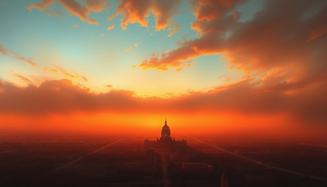 A sweeping, atmospheric landscape painting in muted tones of ochre, sienna, and hazy blue, depicting the city of Des Moines shrouded in a shimmering heat haze, with the state capitol building barely visible in the distance.