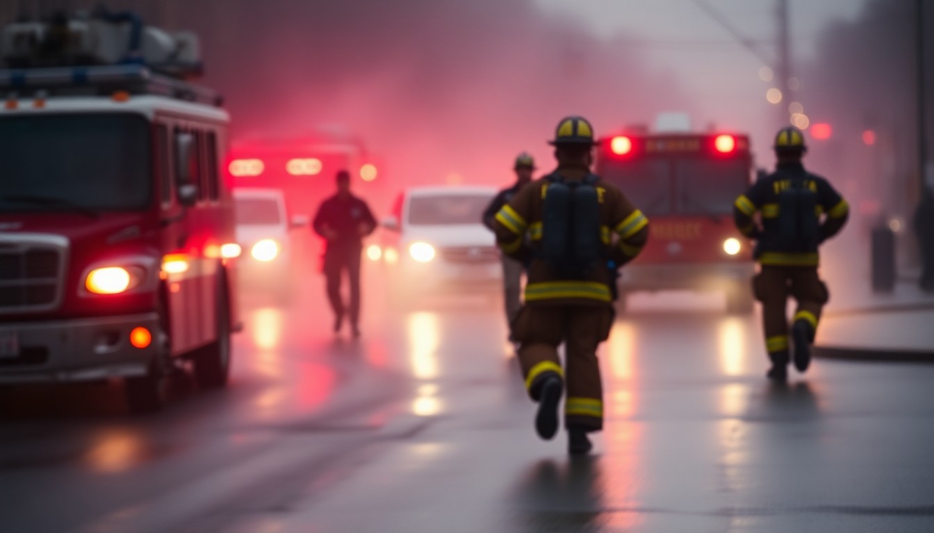 An abstracted, out-of-focus scene of blurred red and blue emergency lights reflecting off wet pavement, conveying the urgency and challenges faced by an understaffed fire department.
